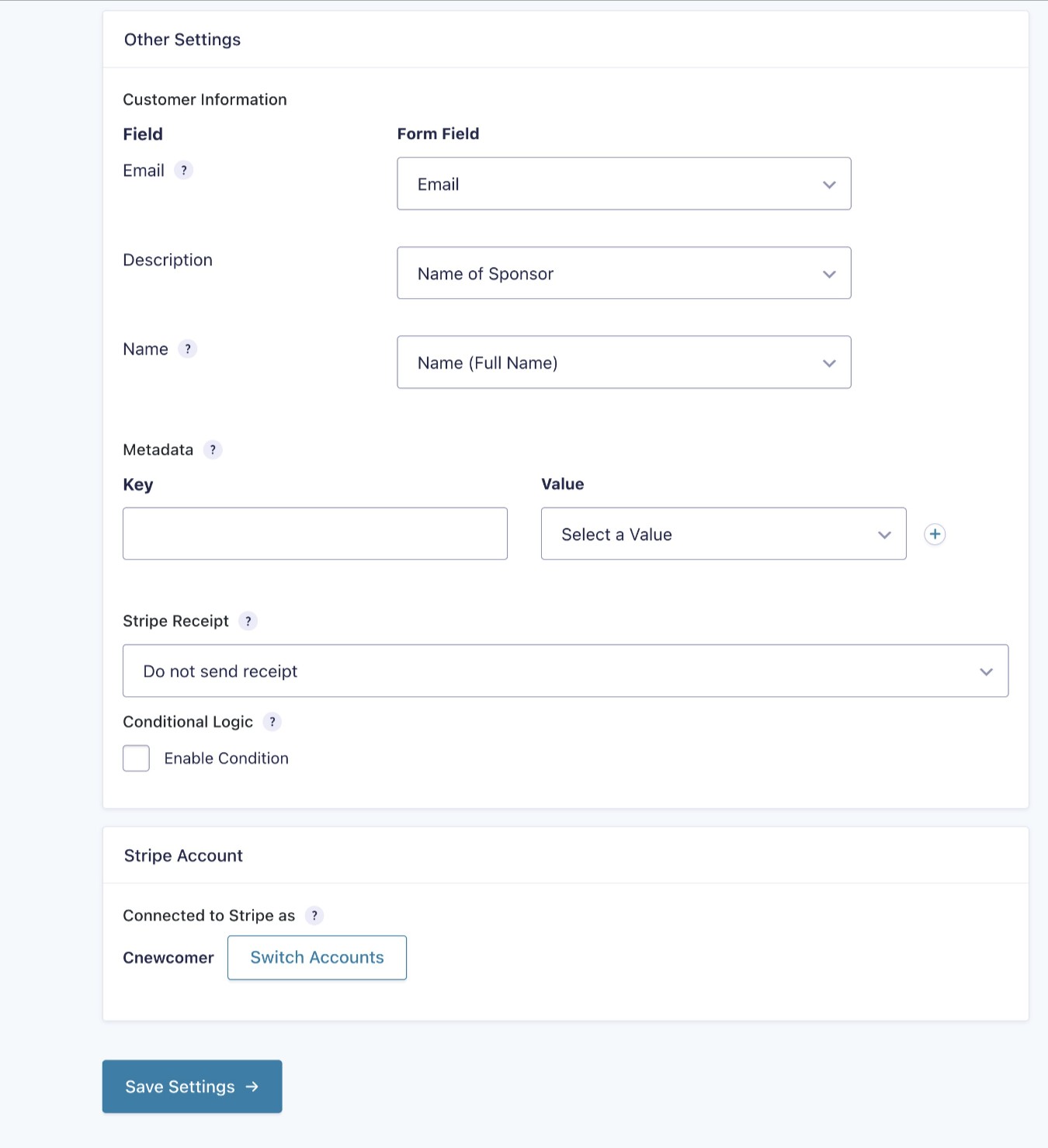 Additional Stripe feed settings