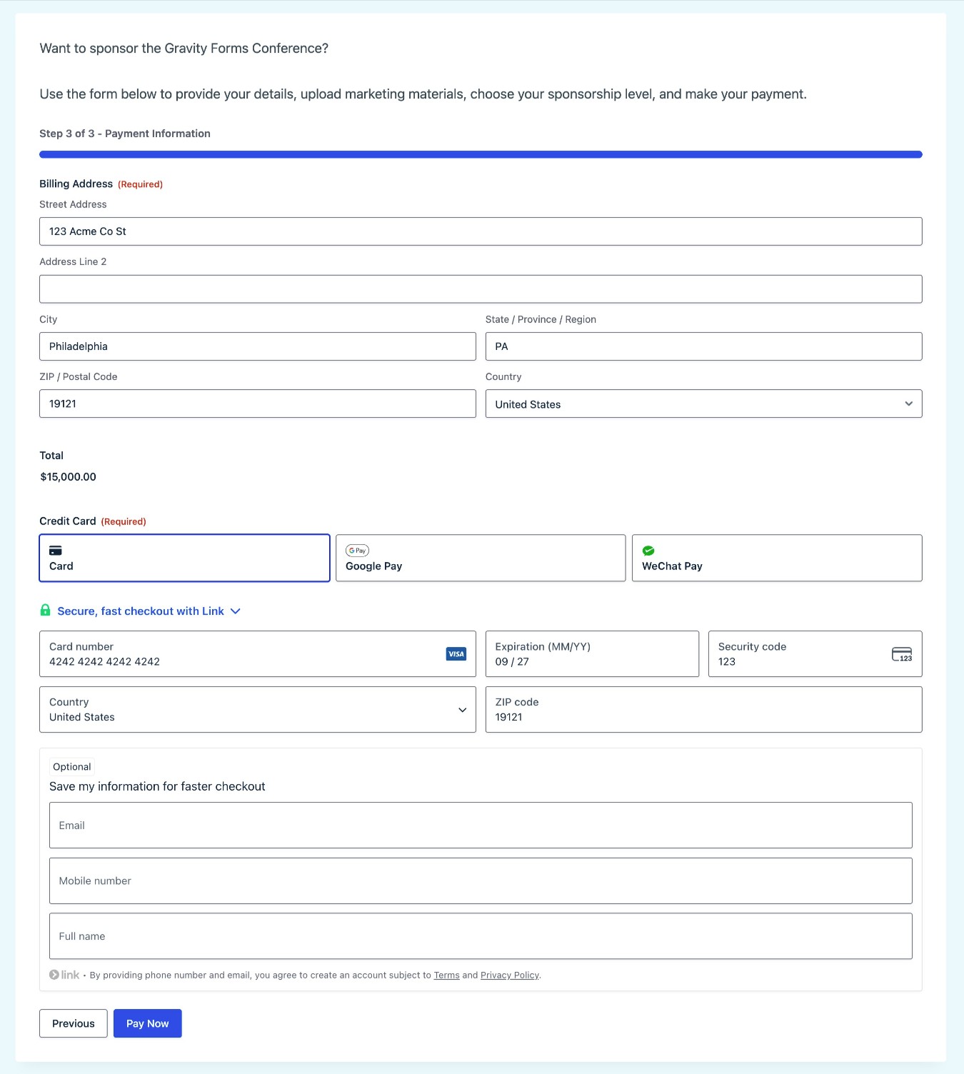 Test your event sponsorship form with a dummy payment