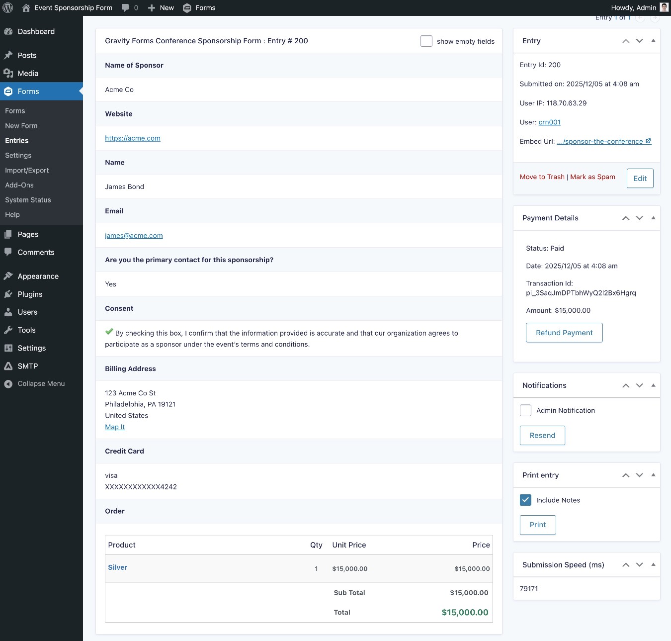 Viewing a sponsorship entry