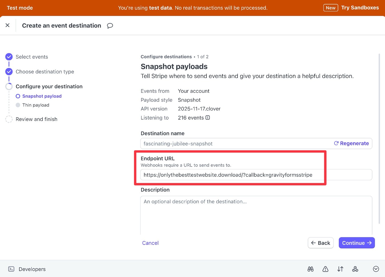 Add endpoint URL to Stripe