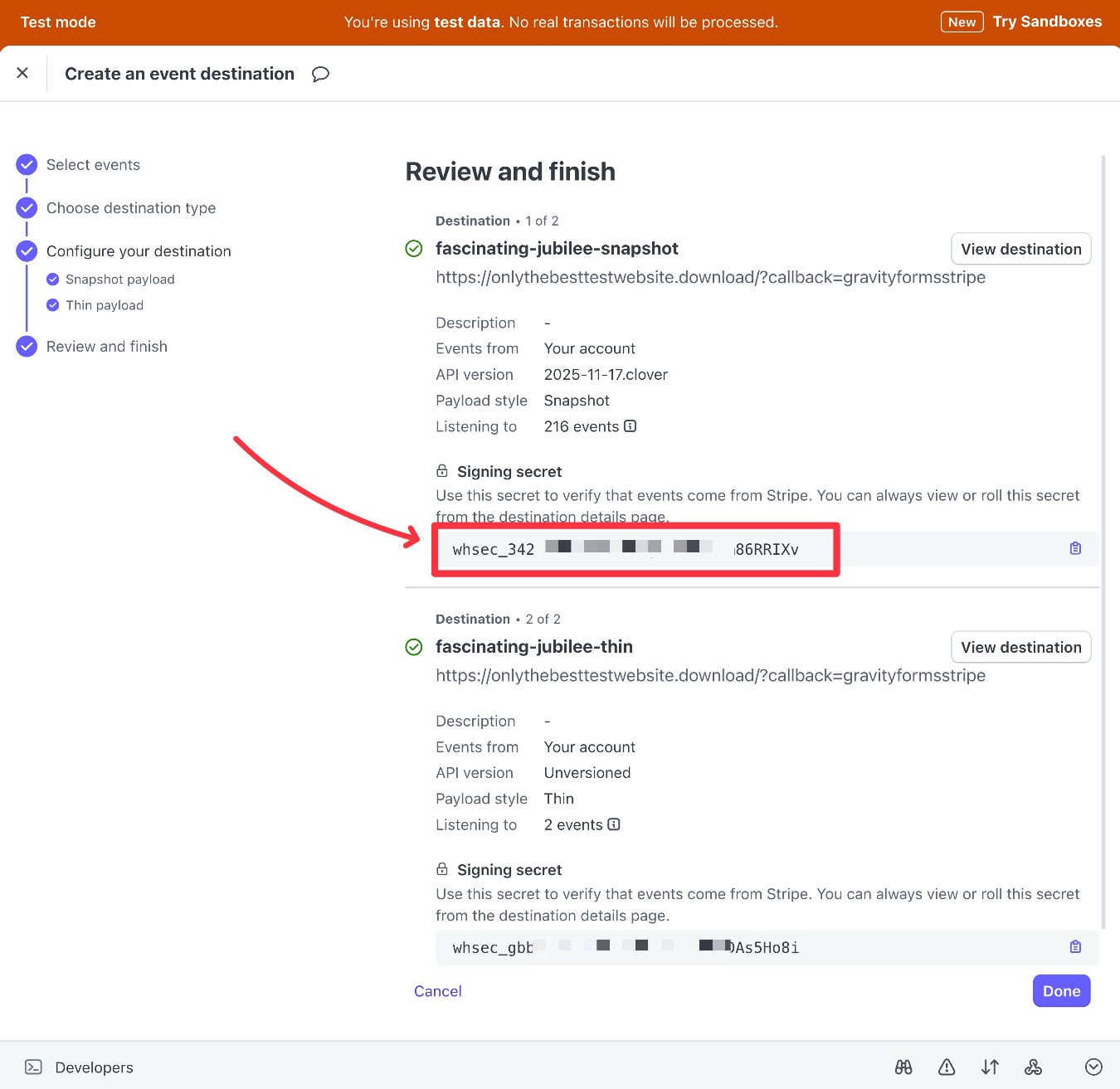 Copy Stripe endpoint Signing Secret