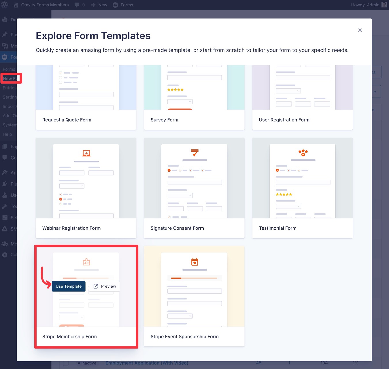 How to select the membership form template