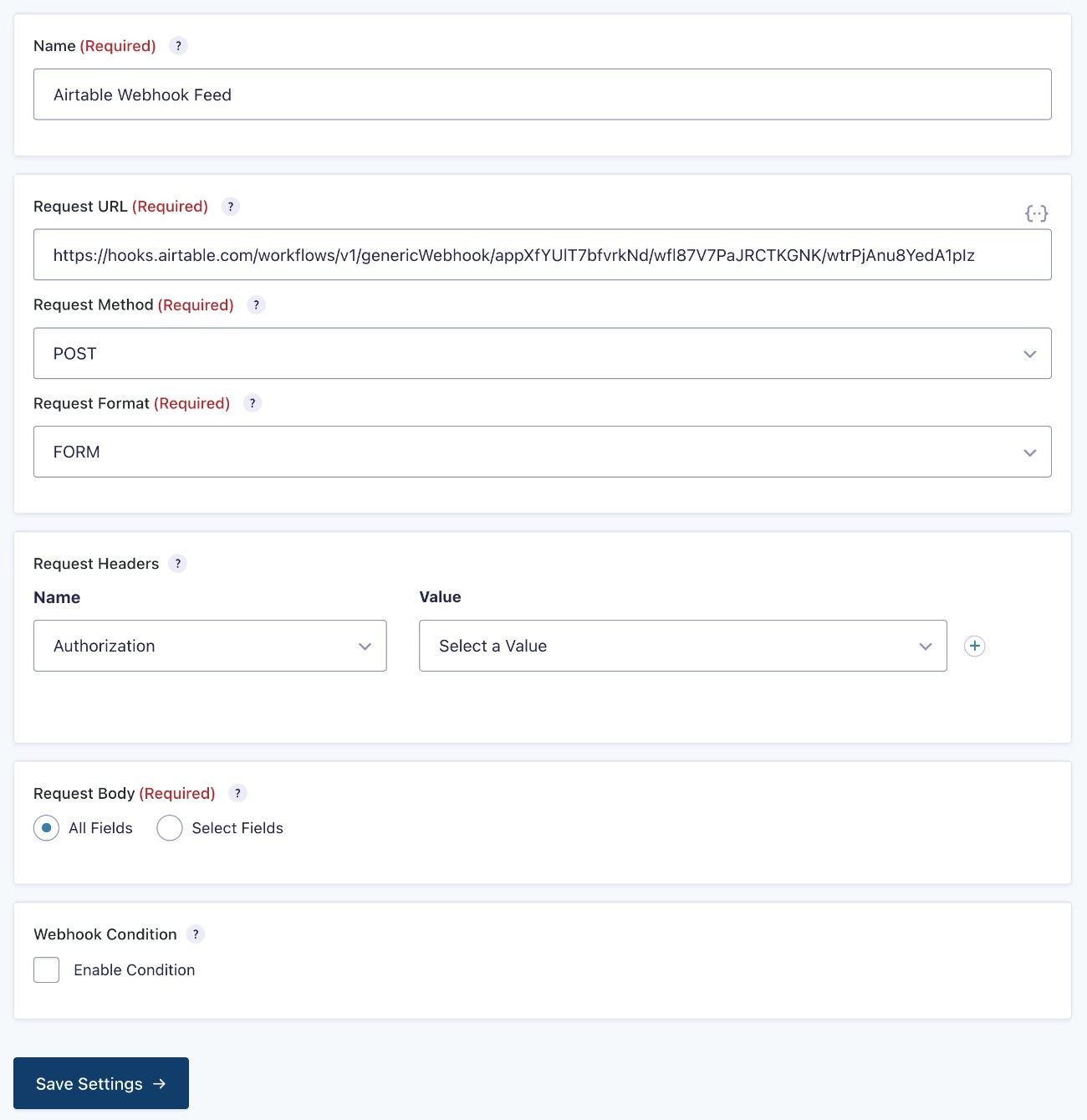 Gravity Forms webhooks setting