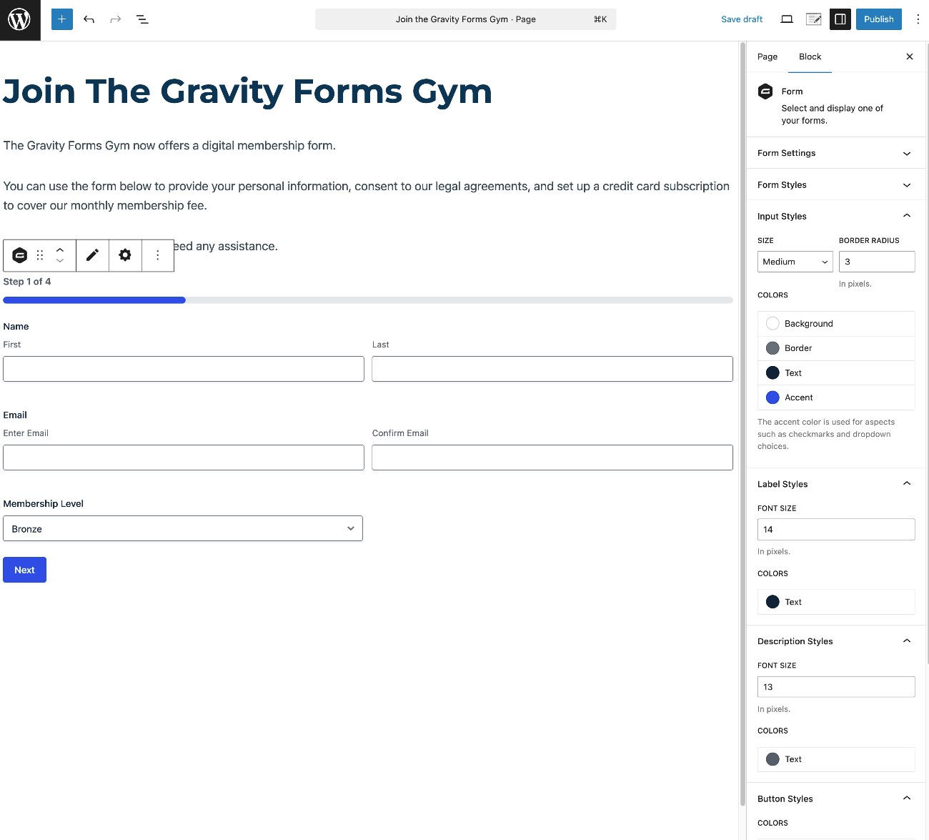 Embed the gym membership form on your site