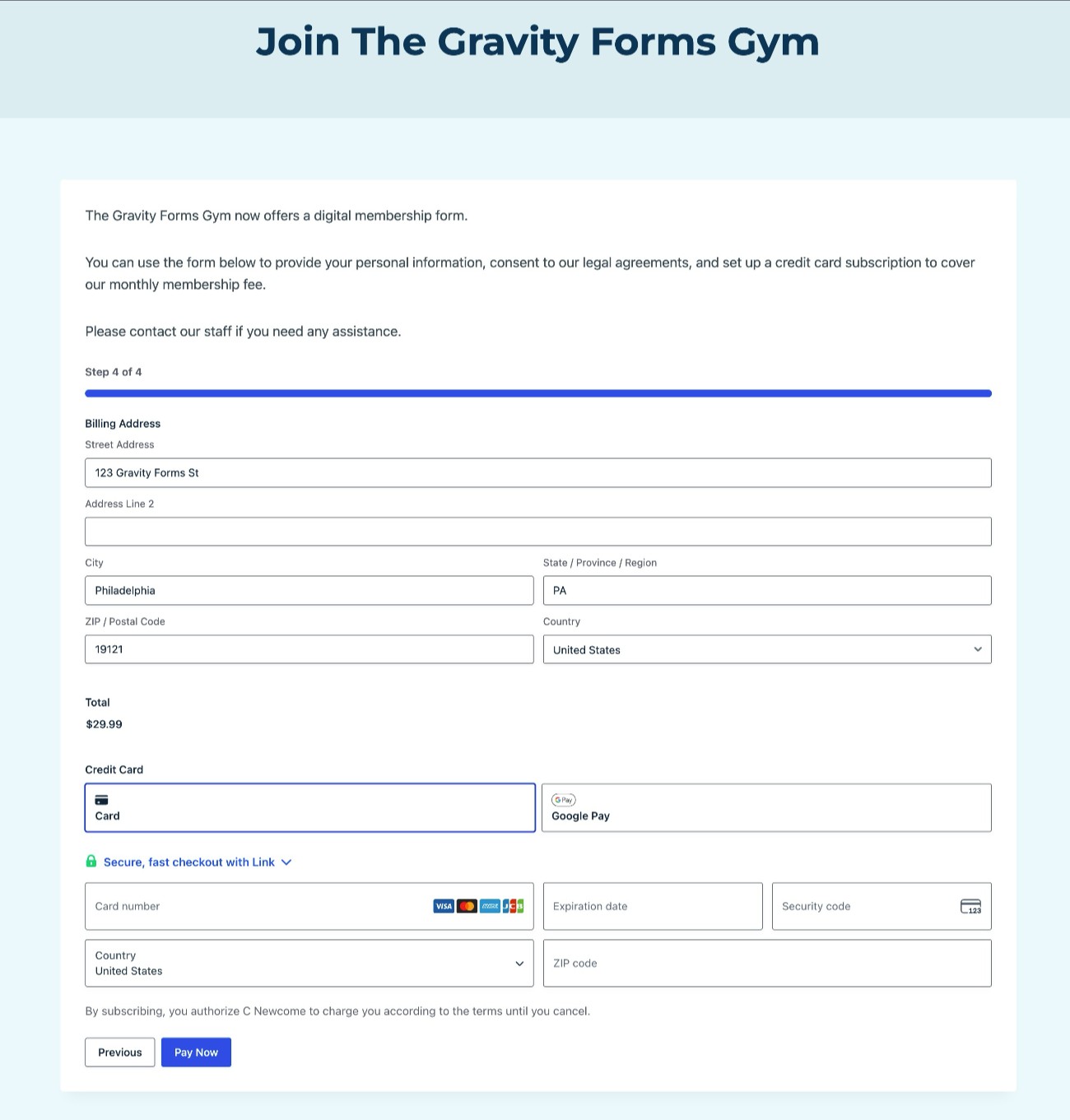 An example of a digital gym membership form on WordPress