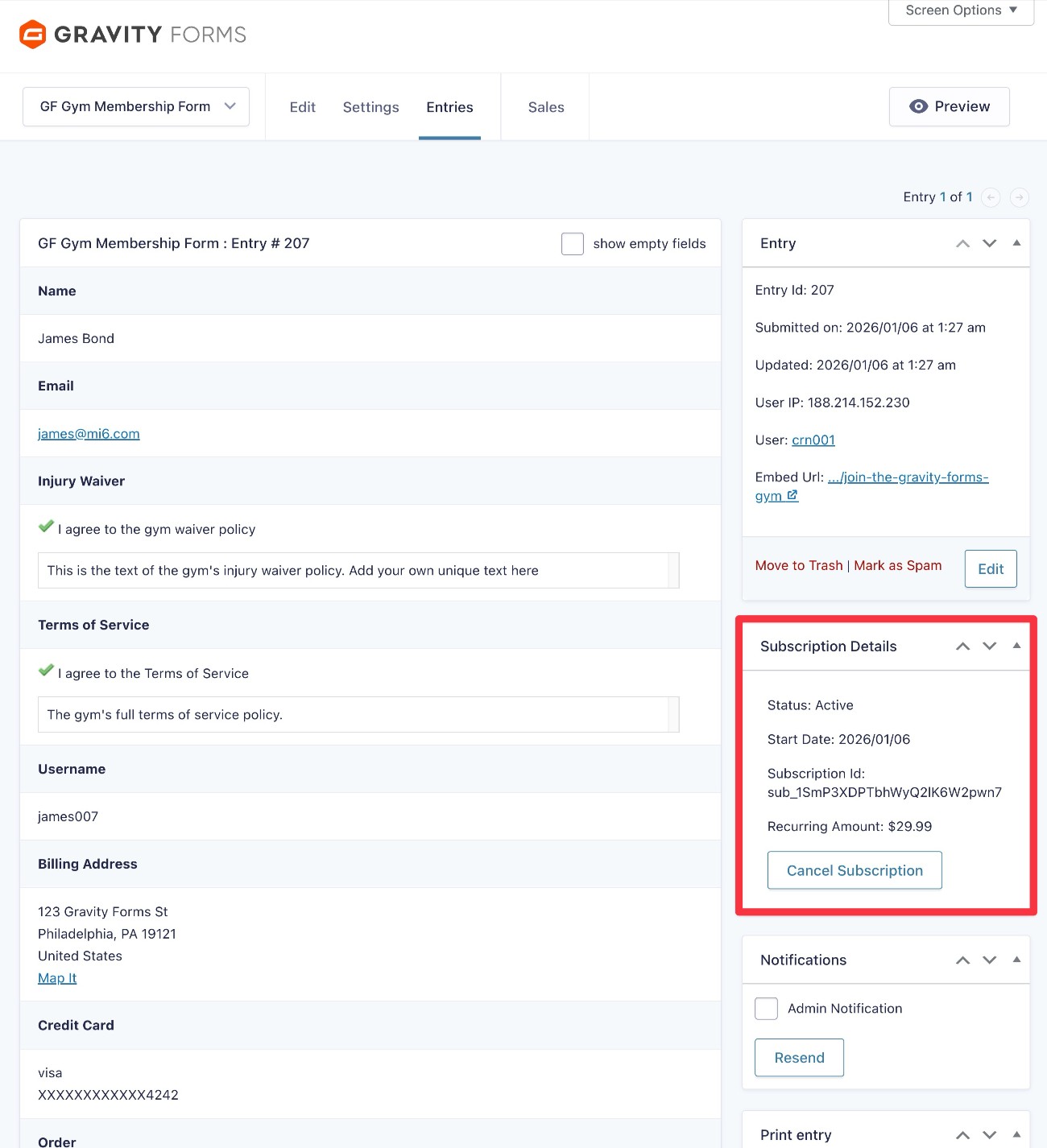 Manage a gym member's subscription