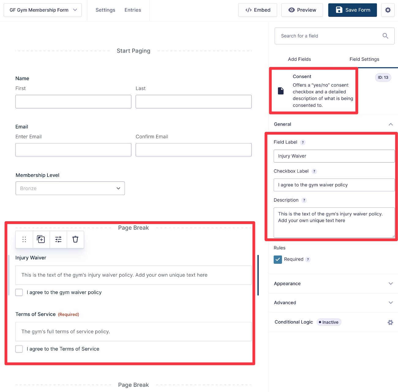 Gym waivers and consent field