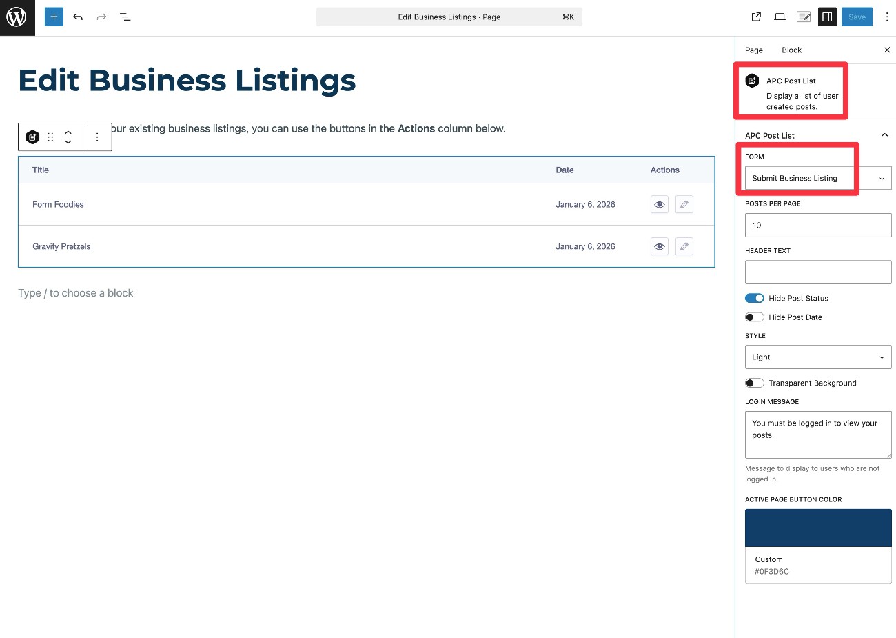 Add the APC Post List block
