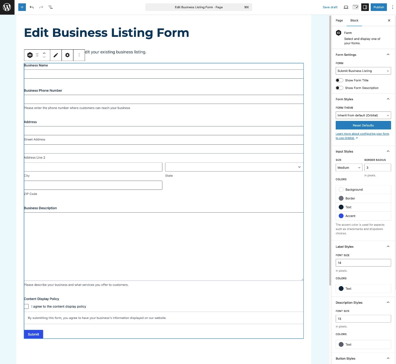 Configure the edit content listing form