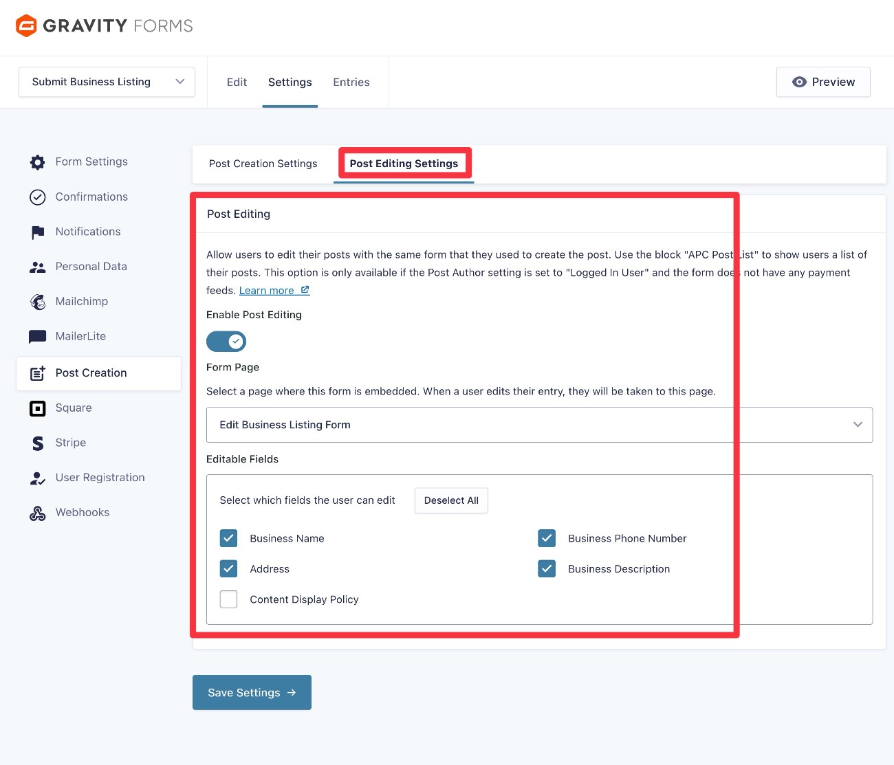 Set up the frontend post editing in the Post Creation feed