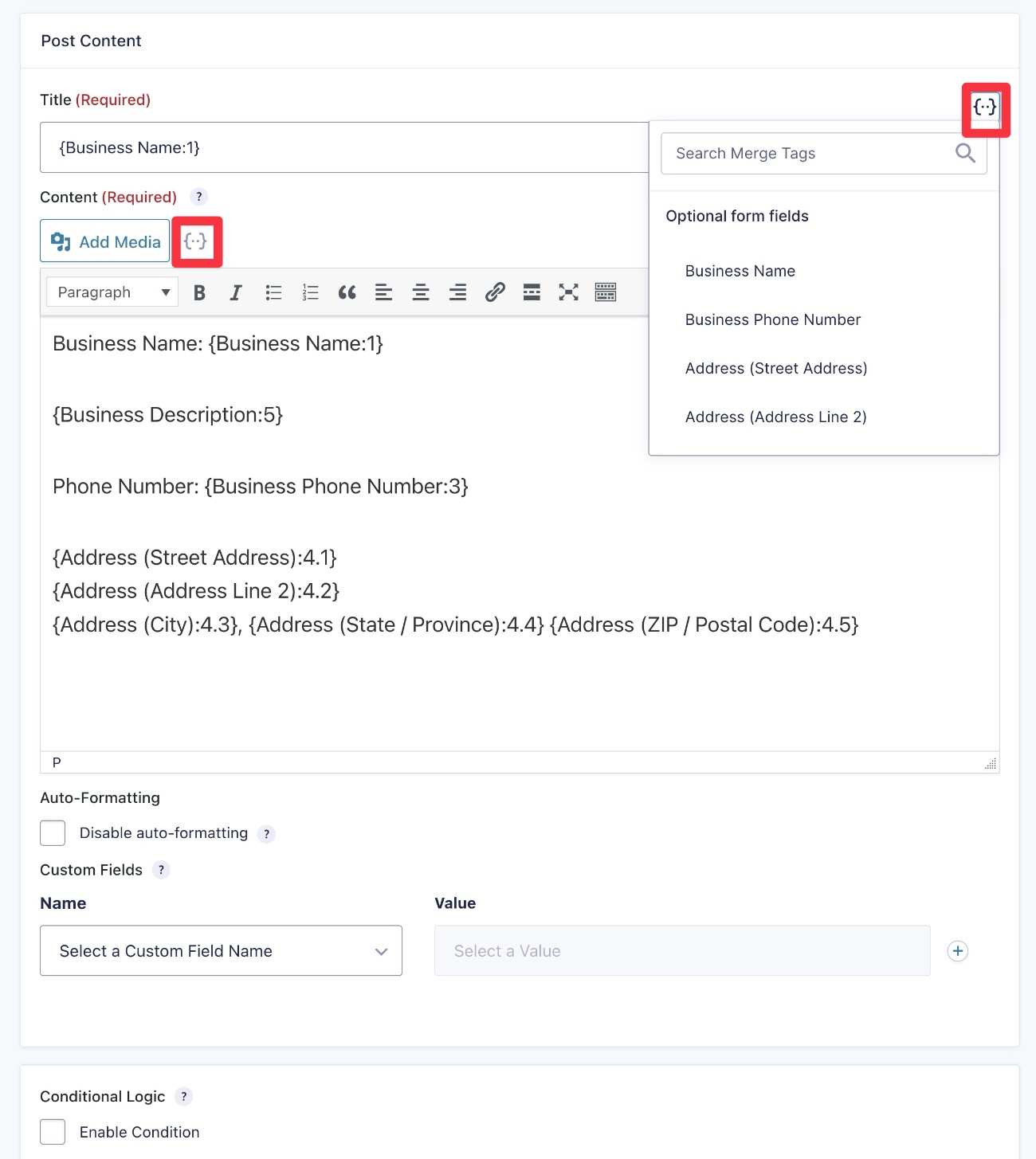 Map form data to post content fields