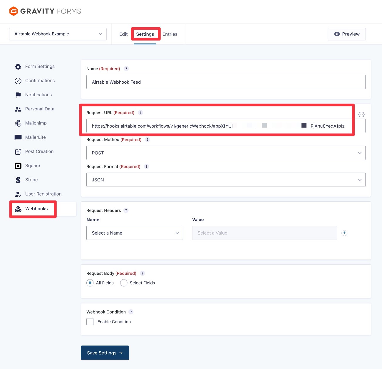 Configure GF webhook to connect to Airtable