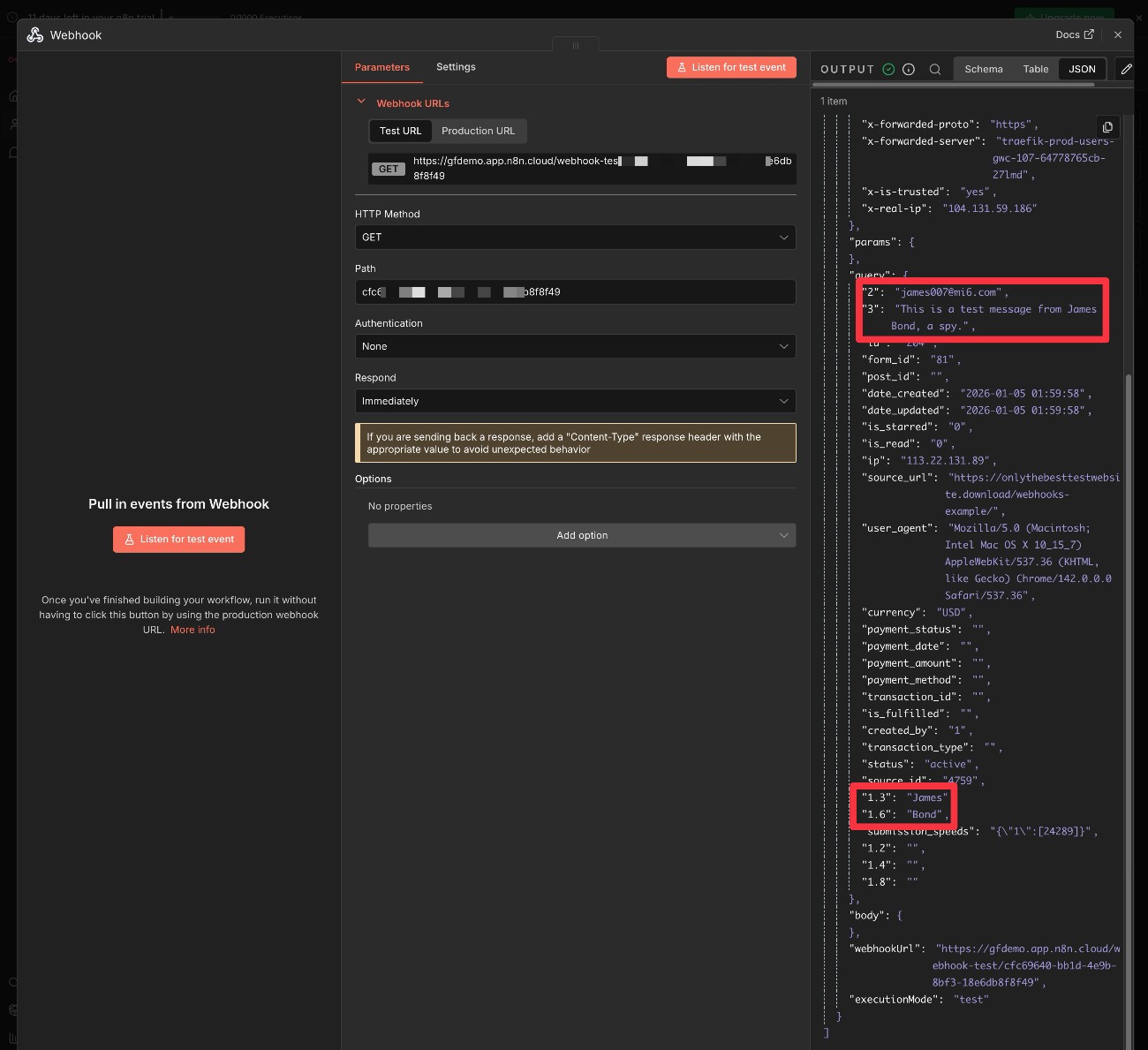 n8n receives form data