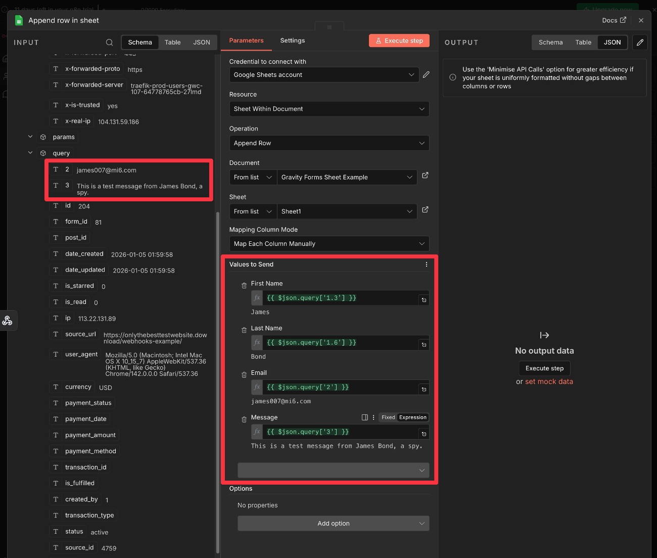 Map JSON data to Google Sheet