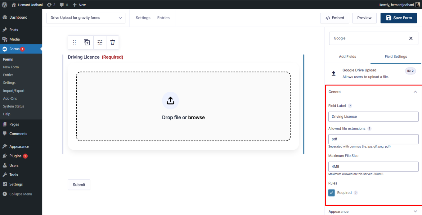Drive Upload for Gravity Forms (Google Drive)