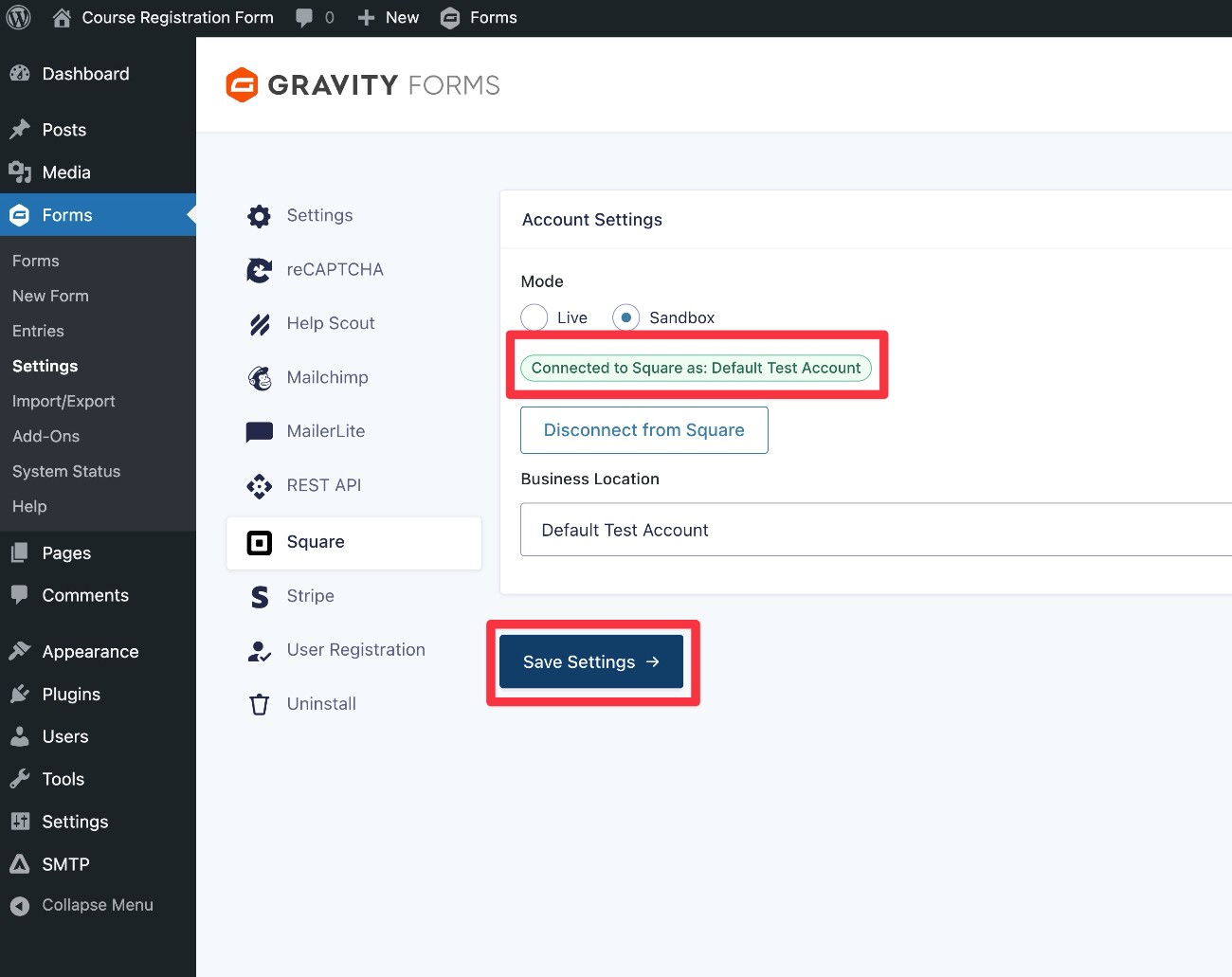 Successful Square connection