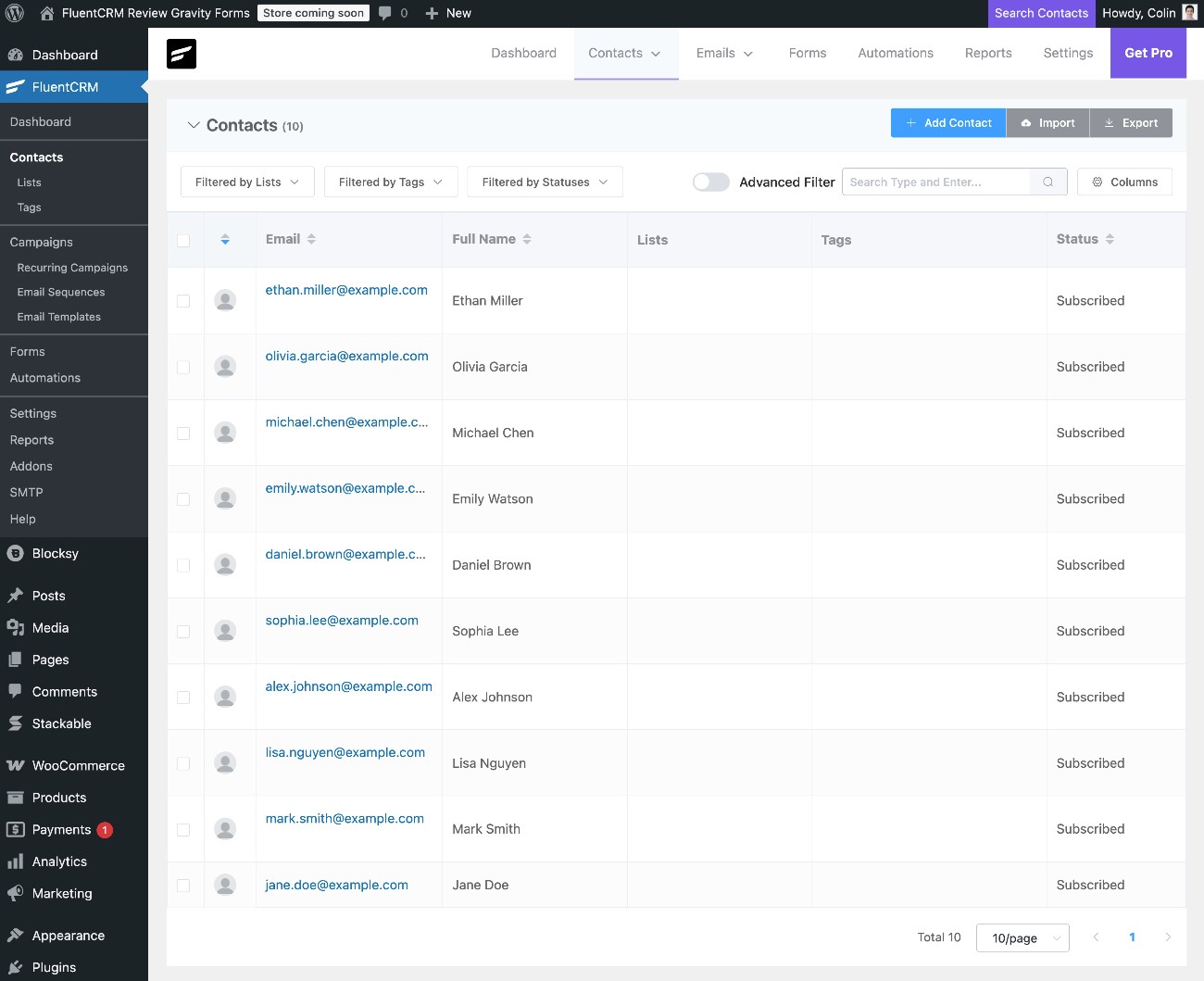 FluentCRM contact list