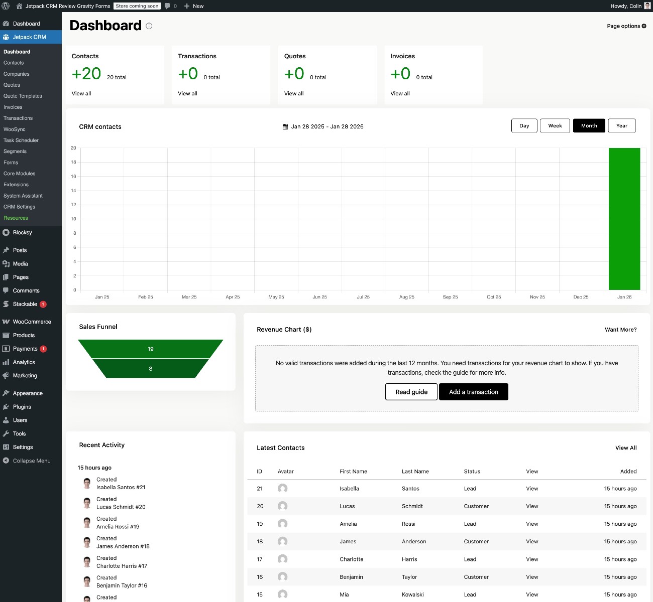 Jetpack CRM main dashboard