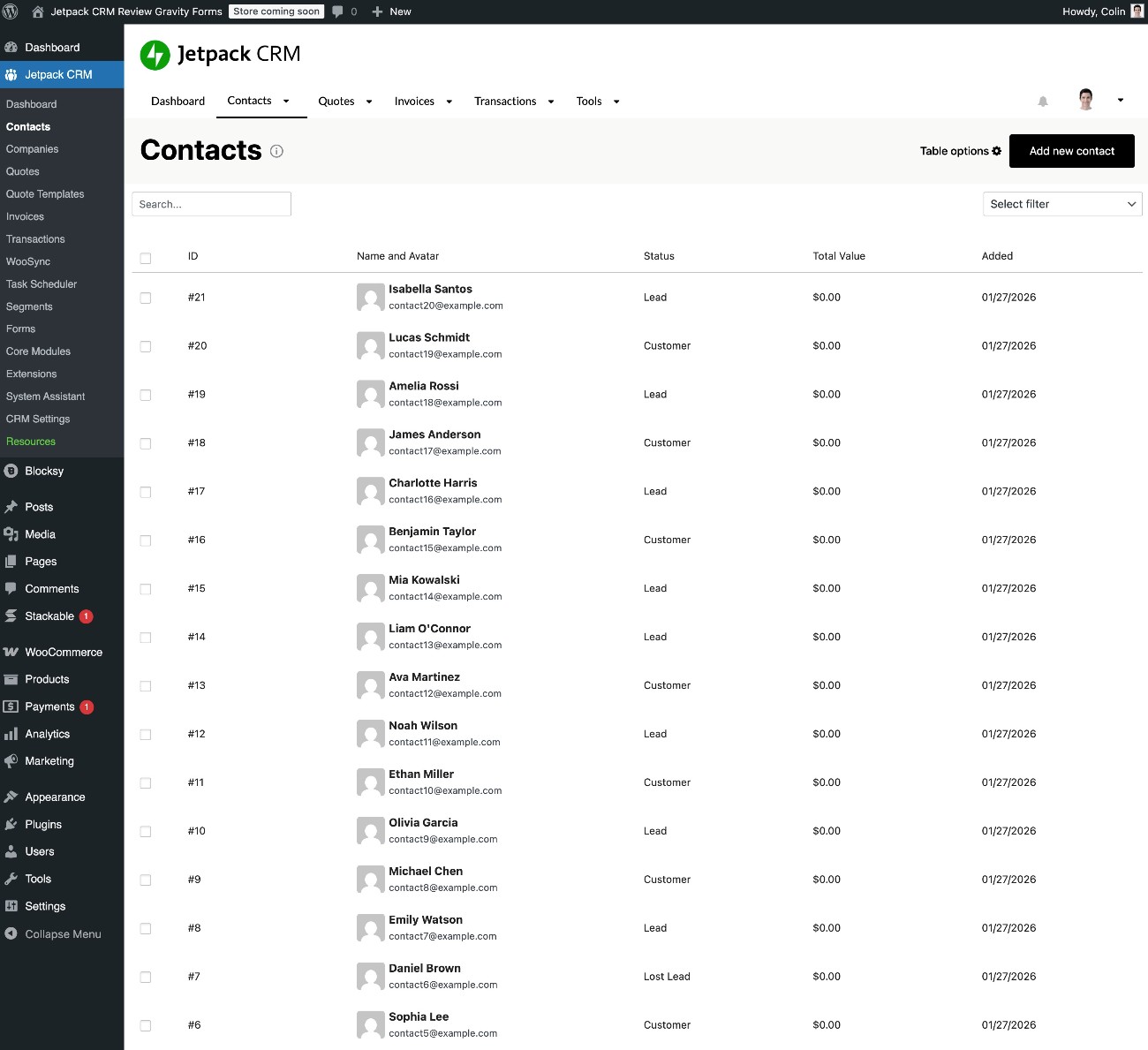 Jetpack CRM contact list