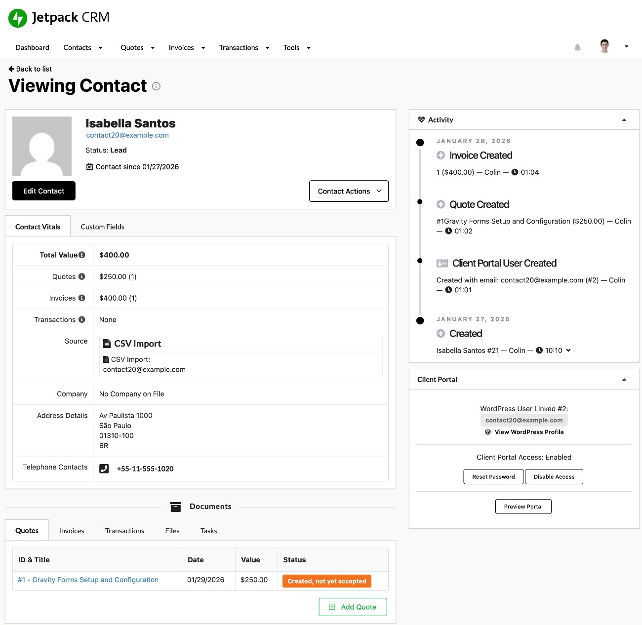 Jetpack CRM contact details