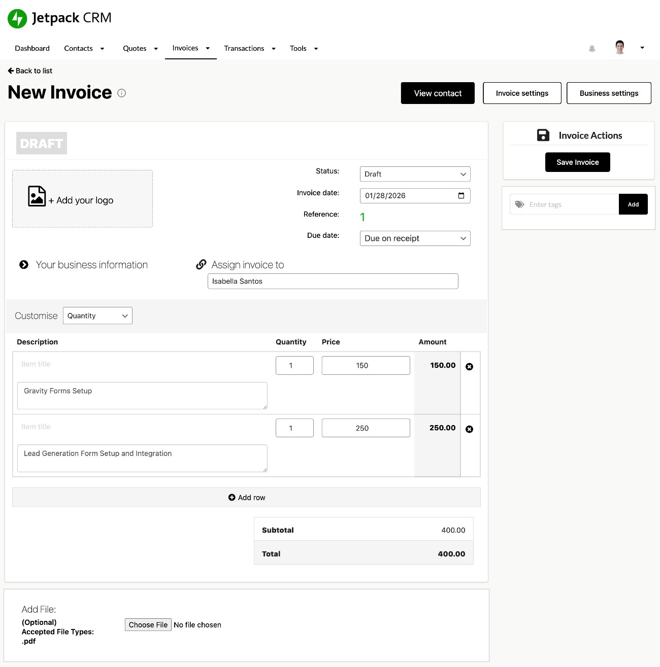 Jetpack CRM invoice builder