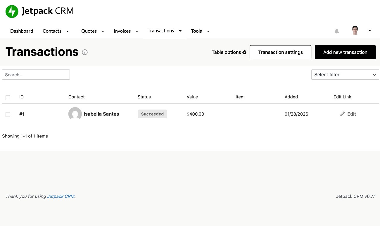 Jetpack CRM transactions