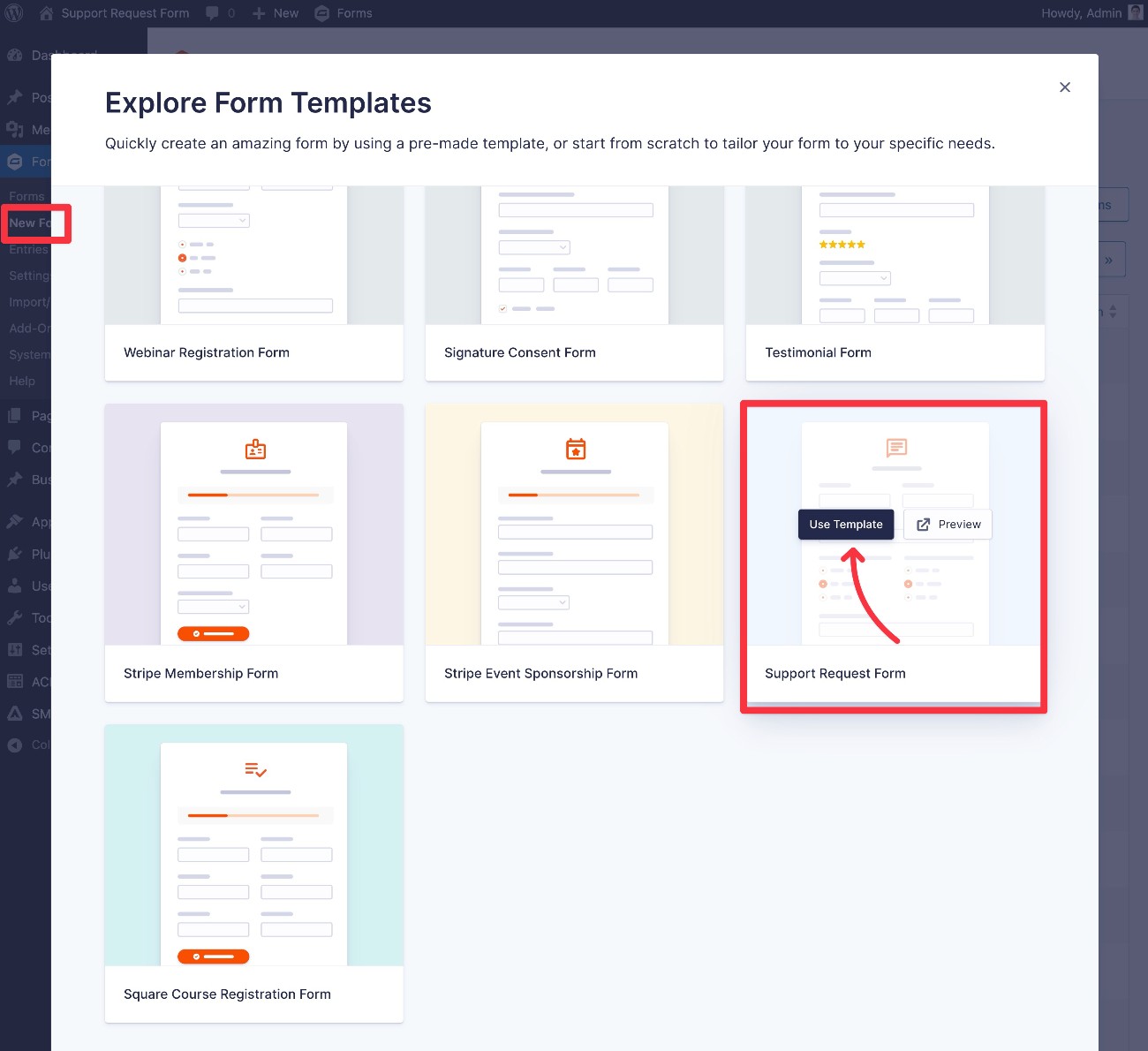 How to import the WordPress customer support request form template