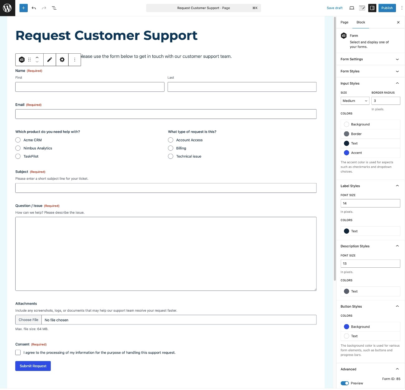How to embed your WordPress support request form