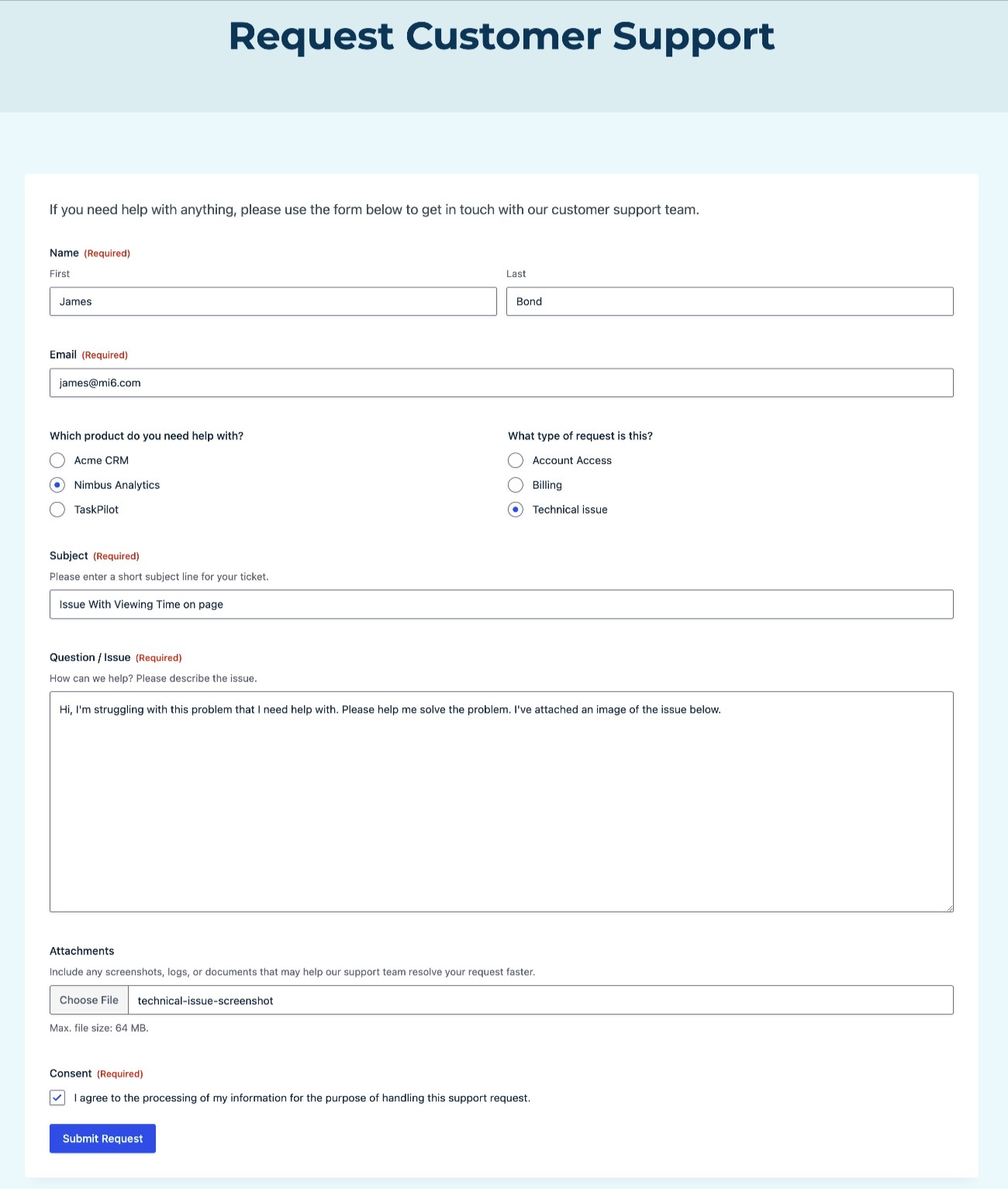 Test the support request form