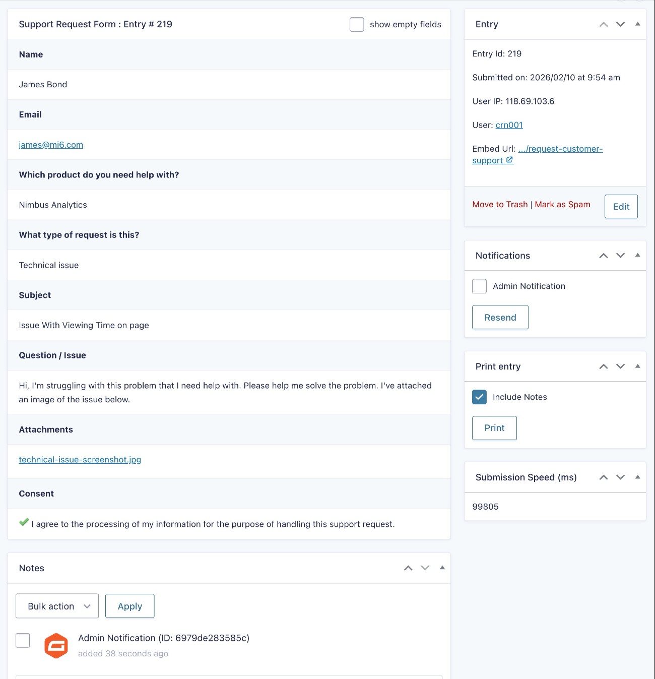 Support request details