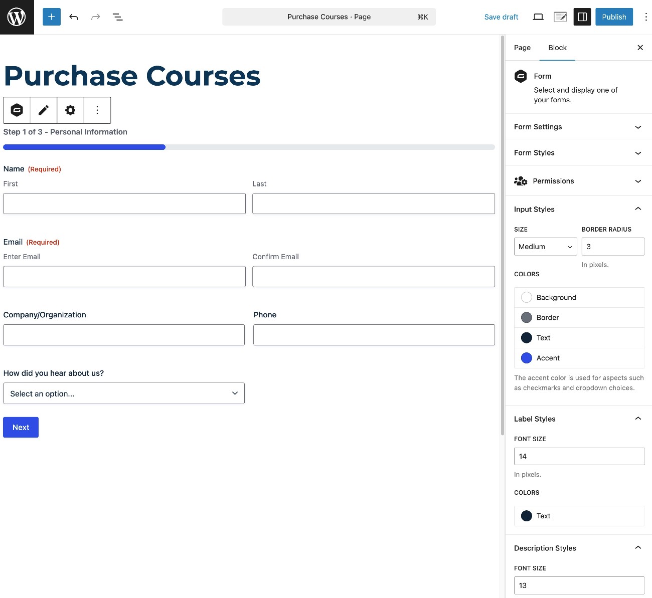Embed the course registration form