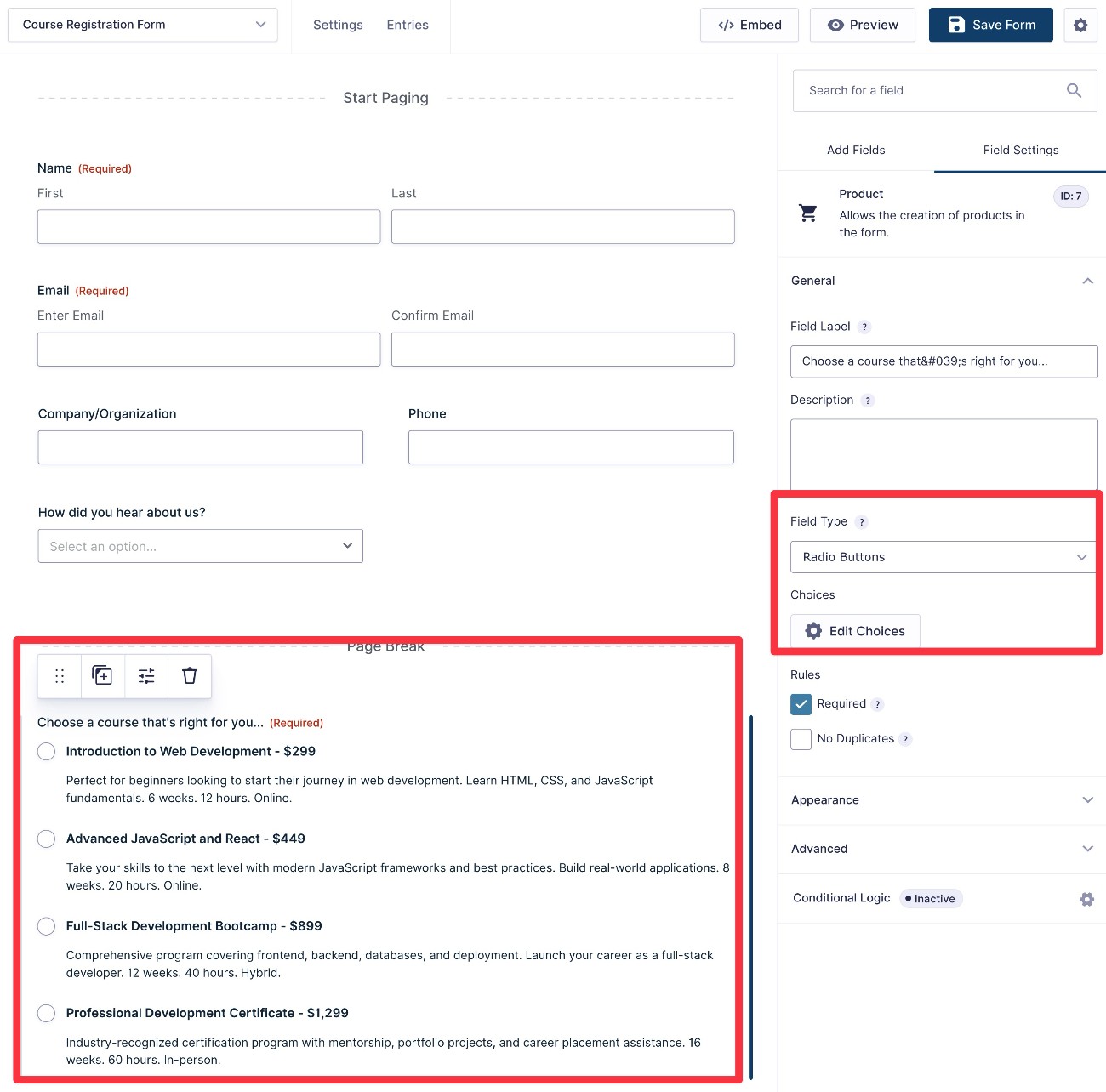 Customize the course registration form product options