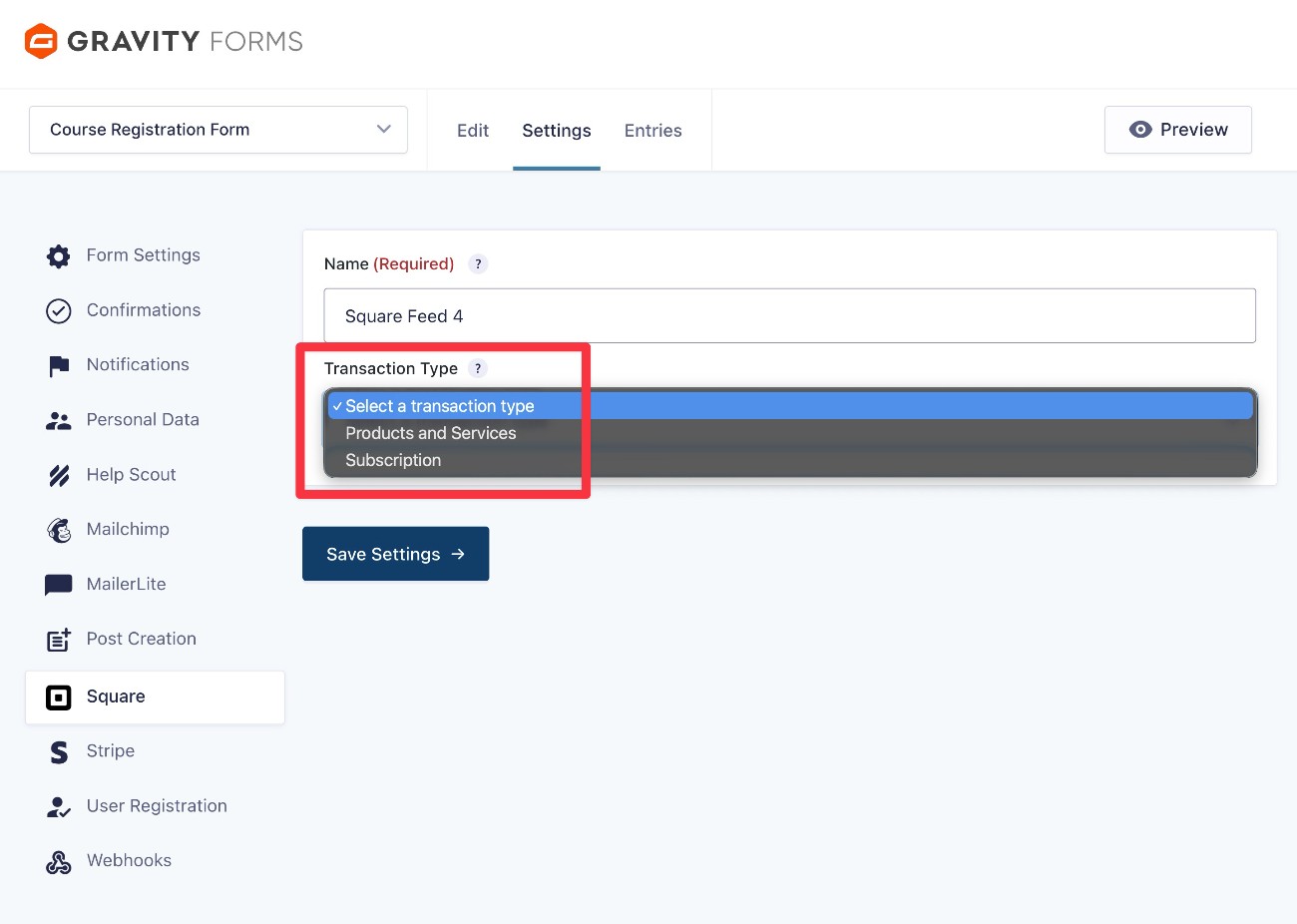 Choose transaction type