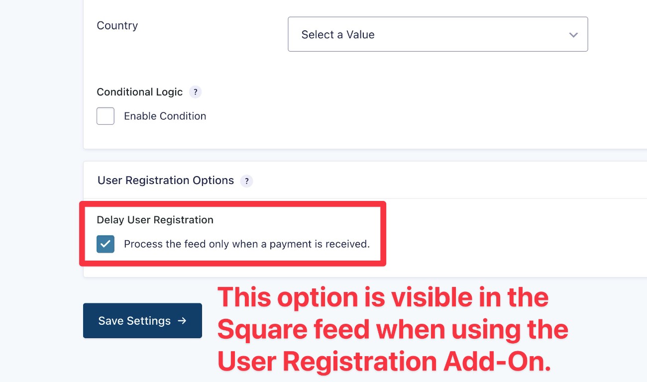 Square feed registration settings