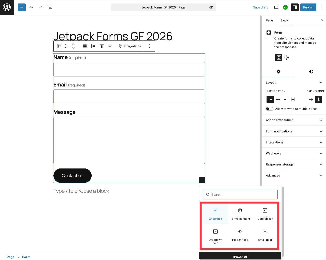 Jetpack Forms block builder interface