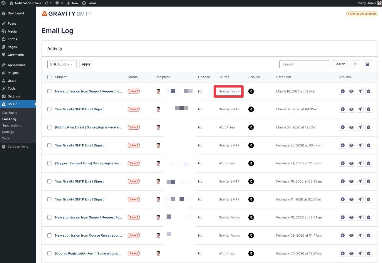 Gravity SMTP email log