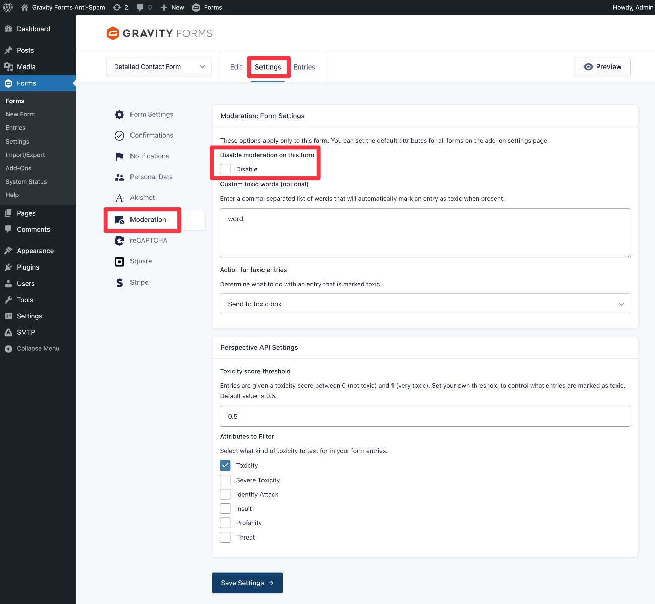 Form-level Moderation settings