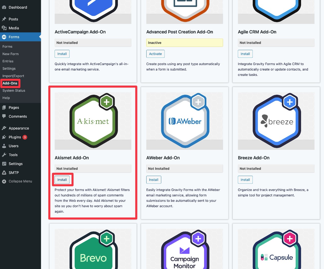 Install Akismet add-on