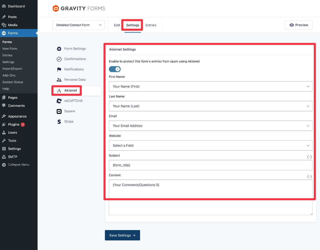 Akismet form settings