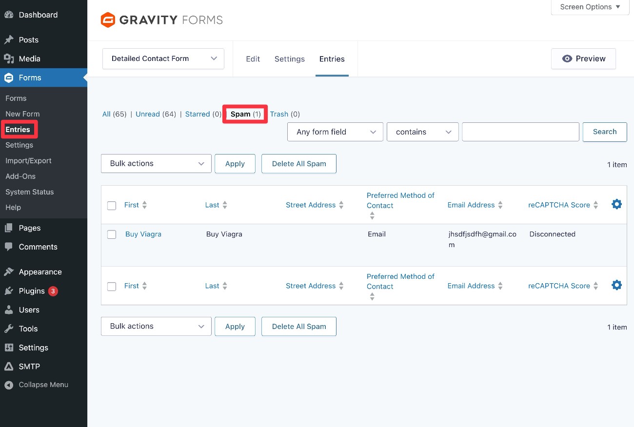 Spam entries Akismet