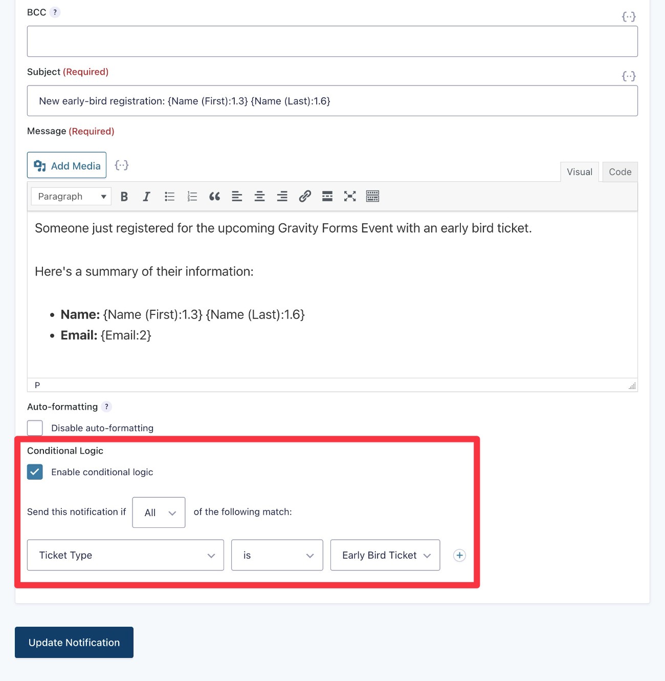 Adding conditional logic to form notification emails