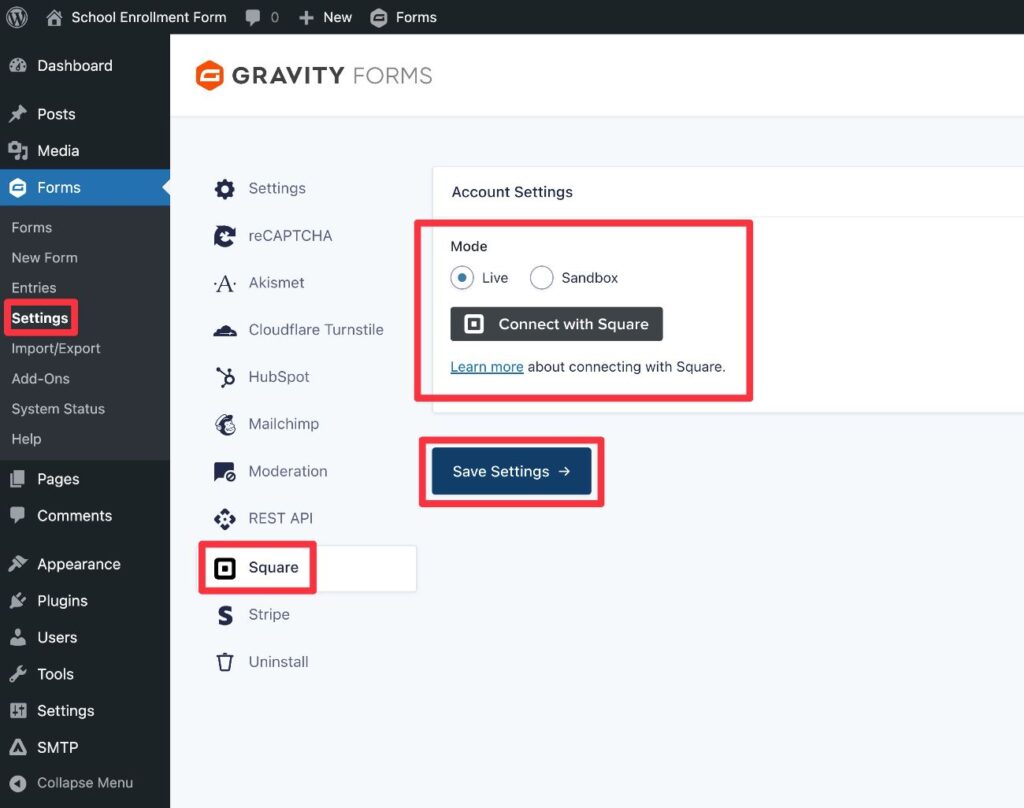 Connect Gravity Forms to Square