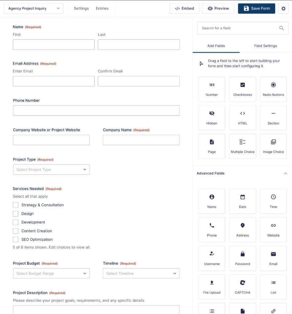 Customize the project inquiry form