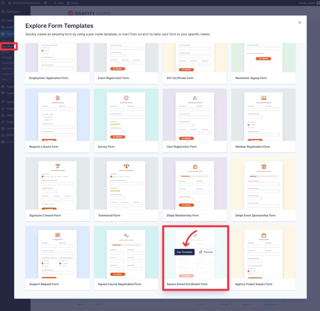 Import WordPress school enrollment form template