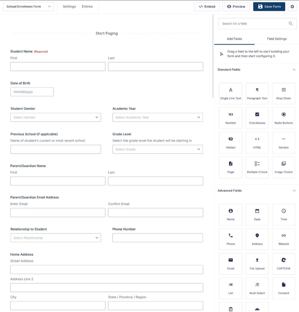 Customize the school enrollment form