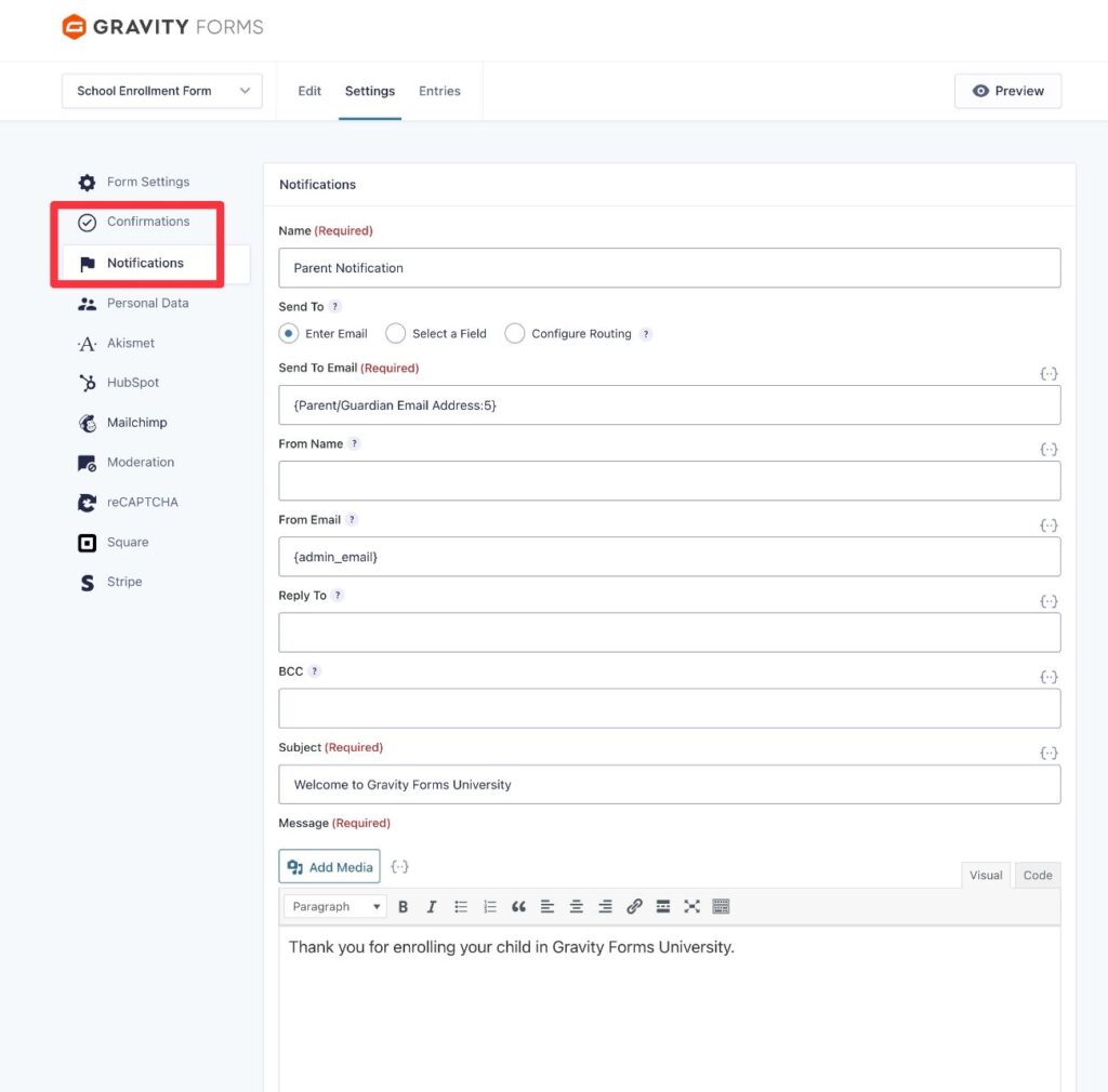 Customize form notifications