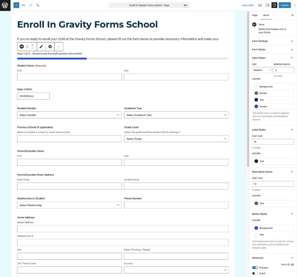 Embed the school enrollment form