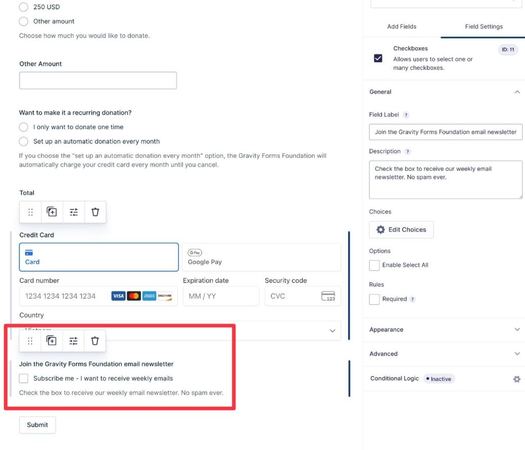 Email opt-in field