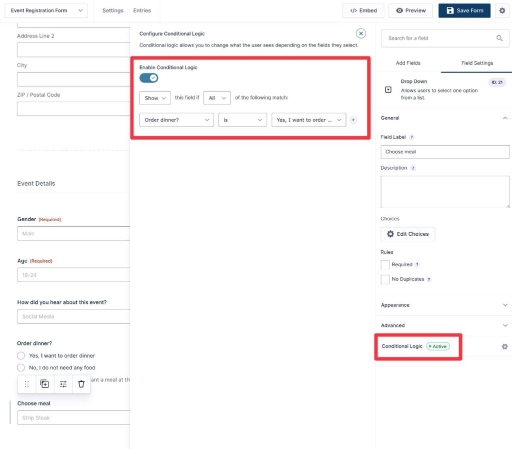 Show/hide field in conditional logic forms on WordPress