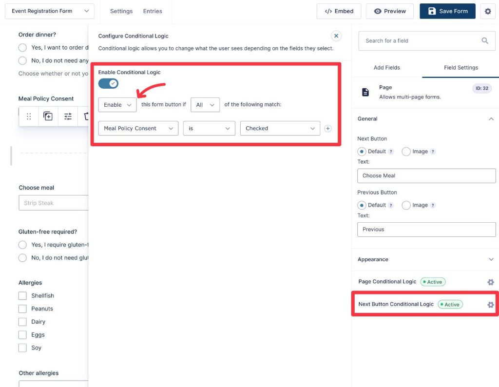 Conditional logic for next button